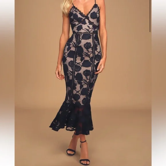 Lulus Alluring Dream Navy Blue Floral Mesh Lace Trumpet Midi Dress - Size XS - Picture 2 of 7